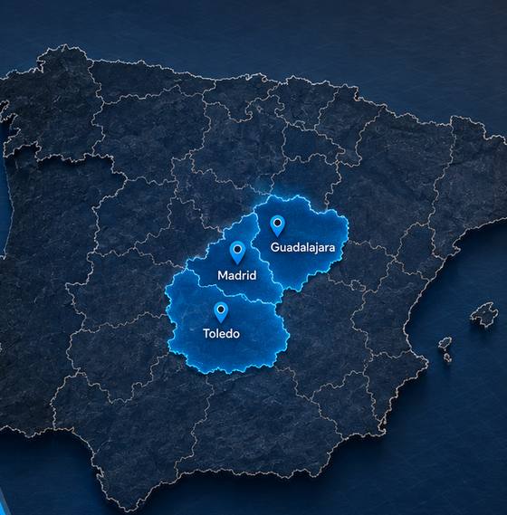 Mapa con las provincias de Madrid, Toledo y Guadalajara destacadas